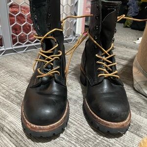 Vintage Frye Logger Boots Black Combat Lace Up Vibram Sole